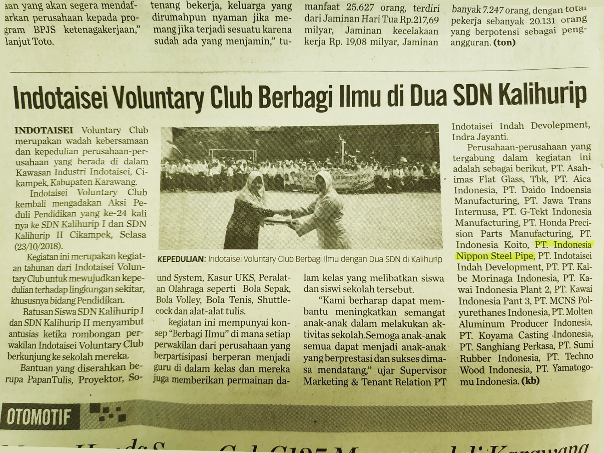 PT. Indonesia Nippon Steel Pipe joining the Indotaisei Voluntary Club